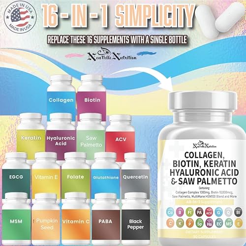 Miniatura 3 de Pastillas de colágeno 16 en 1, péptidos tipo I, II, III y V con biotina, queratina, ácido hialurónico, palma enana americana, vitaminas C y E,