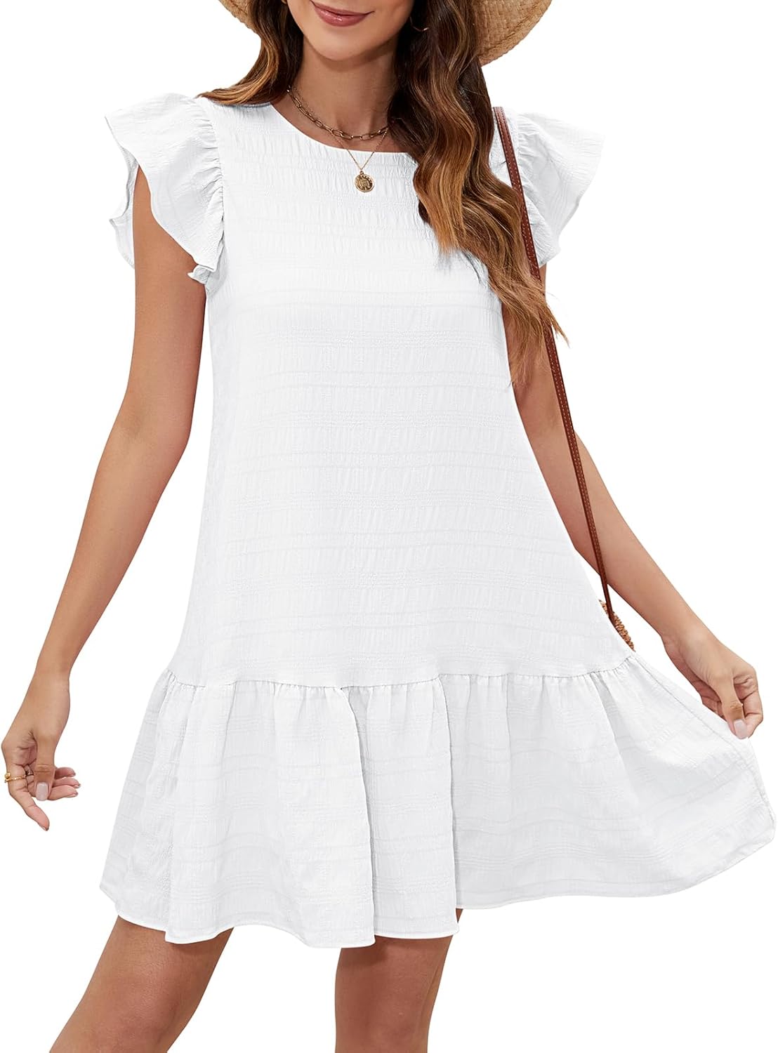 SENFURE Womens Summer Dresses Ruffle Cap Sleeve Mini Dress 2025 Crewneck Tie-Back Babydoll Short Sundress