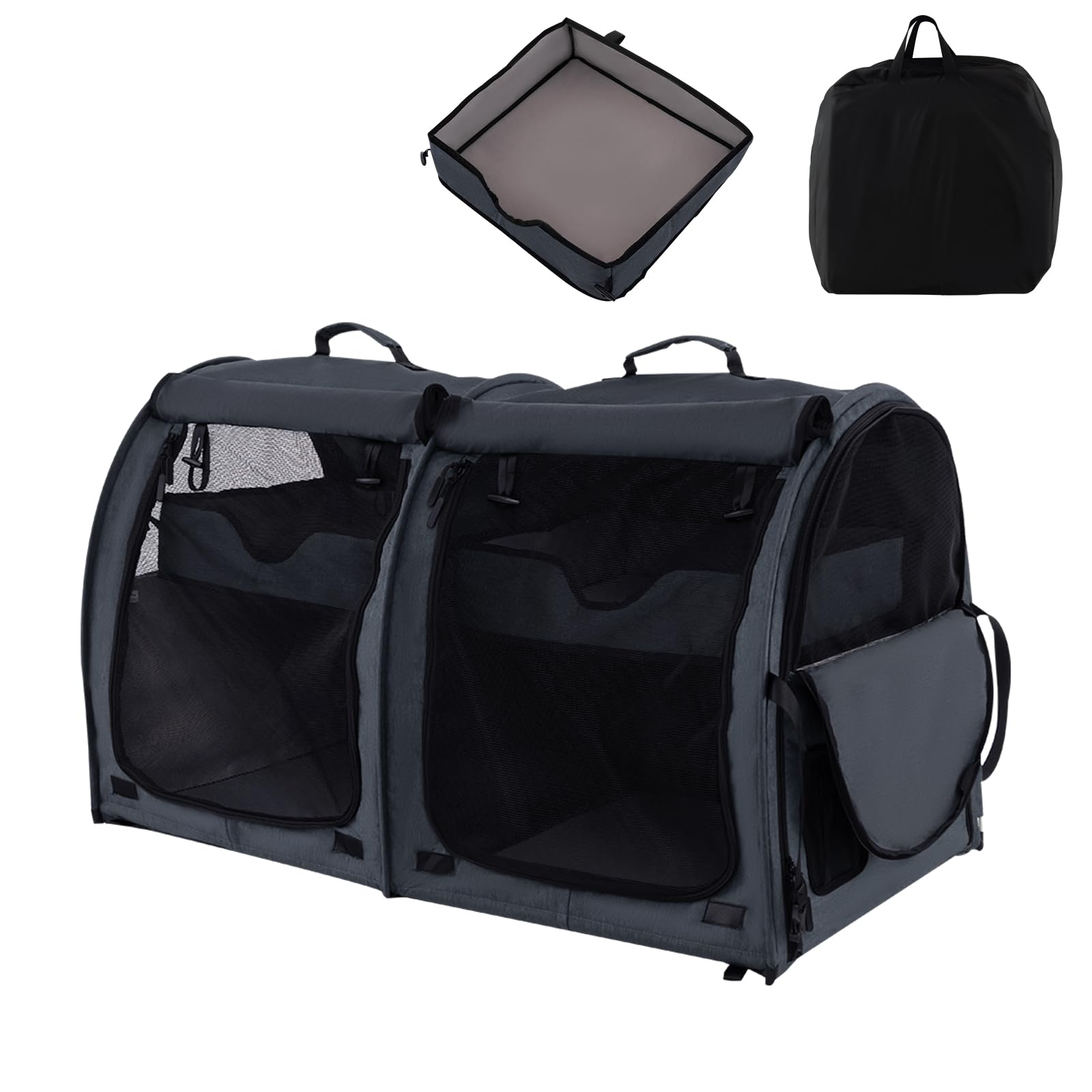 MaxmassDouble Soft-Sided Pet Carrier, Portable Pet Travel Crate with 2 Compartments, Detachable Hammocks, Litter Box and Carrying Bag, Collapsible Dog Kennel for Small & Medium Cats Puppies (Black)