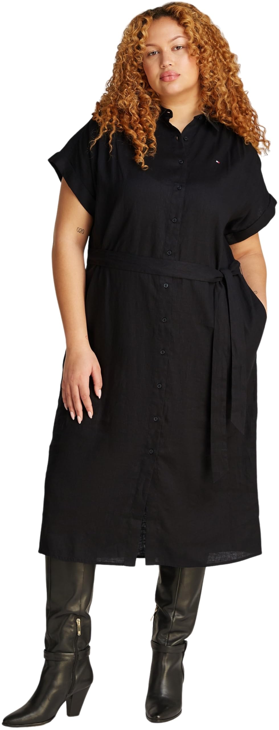 Tommy Hilfiger Damen CRV ESS Li Belted S/S Midi Dress Ww0ww46092 CRV ESS LI Belted S/S MIDI Dress WW0WW46092