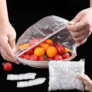 200pcs Disposable Food Cover Plastic Wrap Elastic Fresh Keeping Bags Food Lids For Fruit Bowls Cups Stretch Lids for Containers Caps Fridge Storage Kitchen Transparent Saver Bag