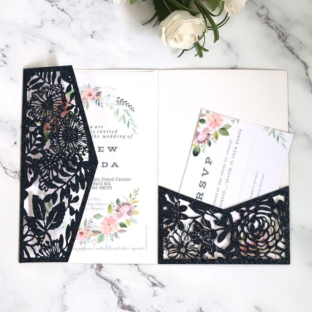 Invitation de mariage découpée au laser et pochette à paillettes haut de gamme