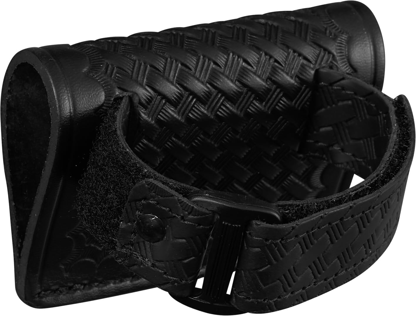 JAY-PEE Plain Black Leather Radio Holder with Adjustable Hook and Loop Strap Closure, Universal Walkie Talkie Holster Belt Mounted for Duty Belt Carry, Secure Two Way Radio Carrier Gear, Made in USA