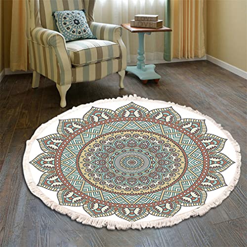 Tomifine Teppich Cotton Round Rug with Tassels Vintage Bohemian Mandala Carpet Woven Area Rugs Washable Living Room Rug Soft Short Pile Mat Non Slip (60cm,Green-Yellow)