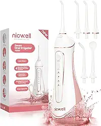 Irrigador bucal dental sem fio para dentes Nicwell 4 modos, irrigador bucal dentário, portátil e recarregável, IPX7, à prova d'água, potente, vida útil da bateria, palhetas de limpeza de dentes para
