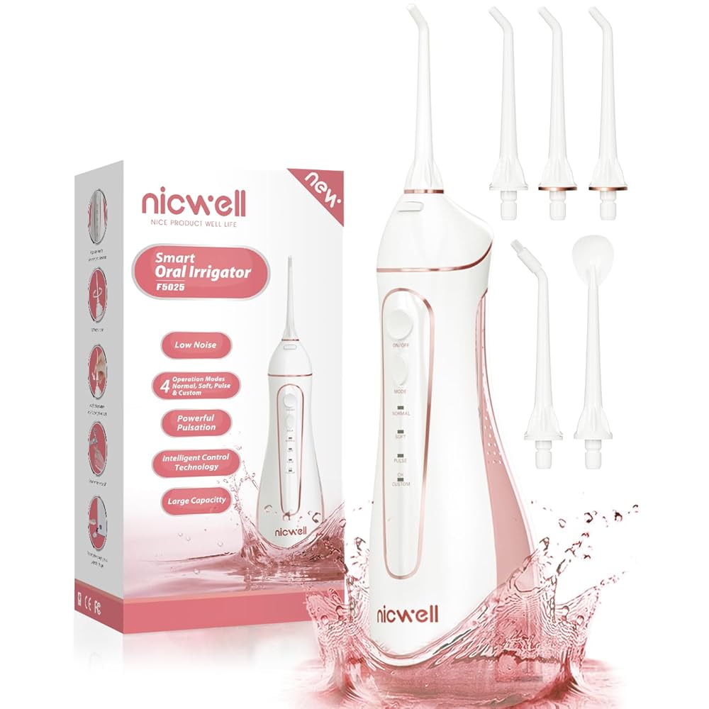 Water Dental Flosser Cordless for Teeth - Nicwell 4 Modes Dental Oral Irrigator, Portable and Rechargeable IPX7 Waterproof Powerful Battery Life Water Teeth Cleaner Picks for Home Travel