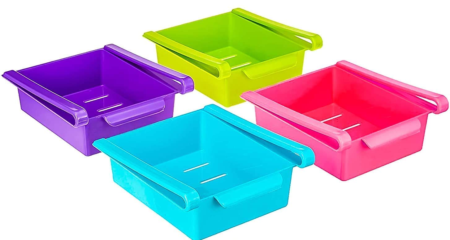 MEXFY Expandable Adjustable Fridge Storage Basket Under Shelf Fridge Organiser Rack Space Saver Refrigerator Sliding Drawers - Unbreakable, Random Colours (8)