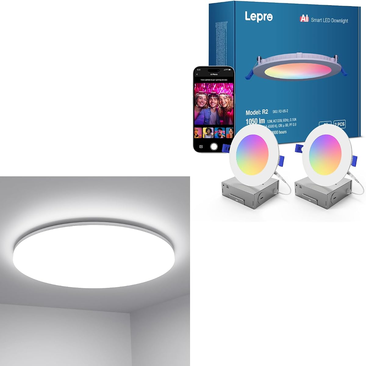 Lepro Bundle – R2 AI Smart LED sin luz de 6 pulgadas con reconocimiento de estado de ánimo, sincronización de música, control de grupo, 12 W, 1050 lúmenes + 11 pulgadas 24 W luz de techo LED de montaje empotrado 2400 lúmenes