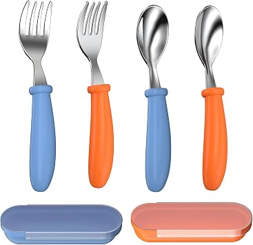 Toddler Utensils, Toddler Forks and Spoons, Baby Stainless Steel Silverware Set with Storage Box for Self Feeding Safe, Dishwasher Safe 2 Set with Case