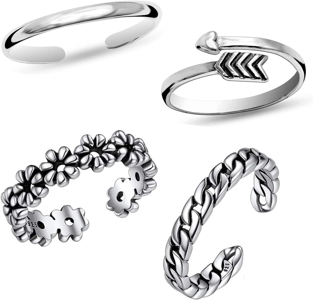 LeCalla 925 Sterling Silver Minimalist Toe Rings Set of Toe Ring Lightweight Antique Adjustable Open Toe Rings Band Ring Summer Beach Foot Jewelry Set for Women