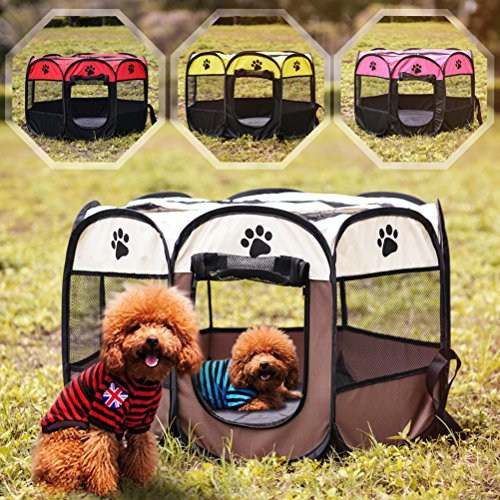 UEETEK 8-Pannel Pet Playpen Portable Puppy Dog Cat Crate Cage Kennel Tent - Size S (Rosy)