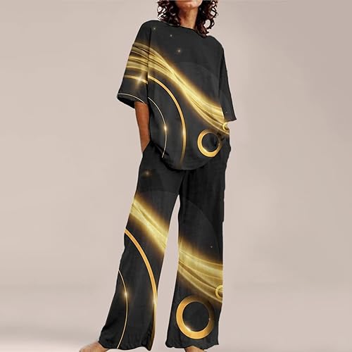 Miniatura 2 de Womens Summer 2 Piece Outfits Lounge Matching Sets for Women Tracksuits Suit Solid Short Sleeve Tops and Long Pants