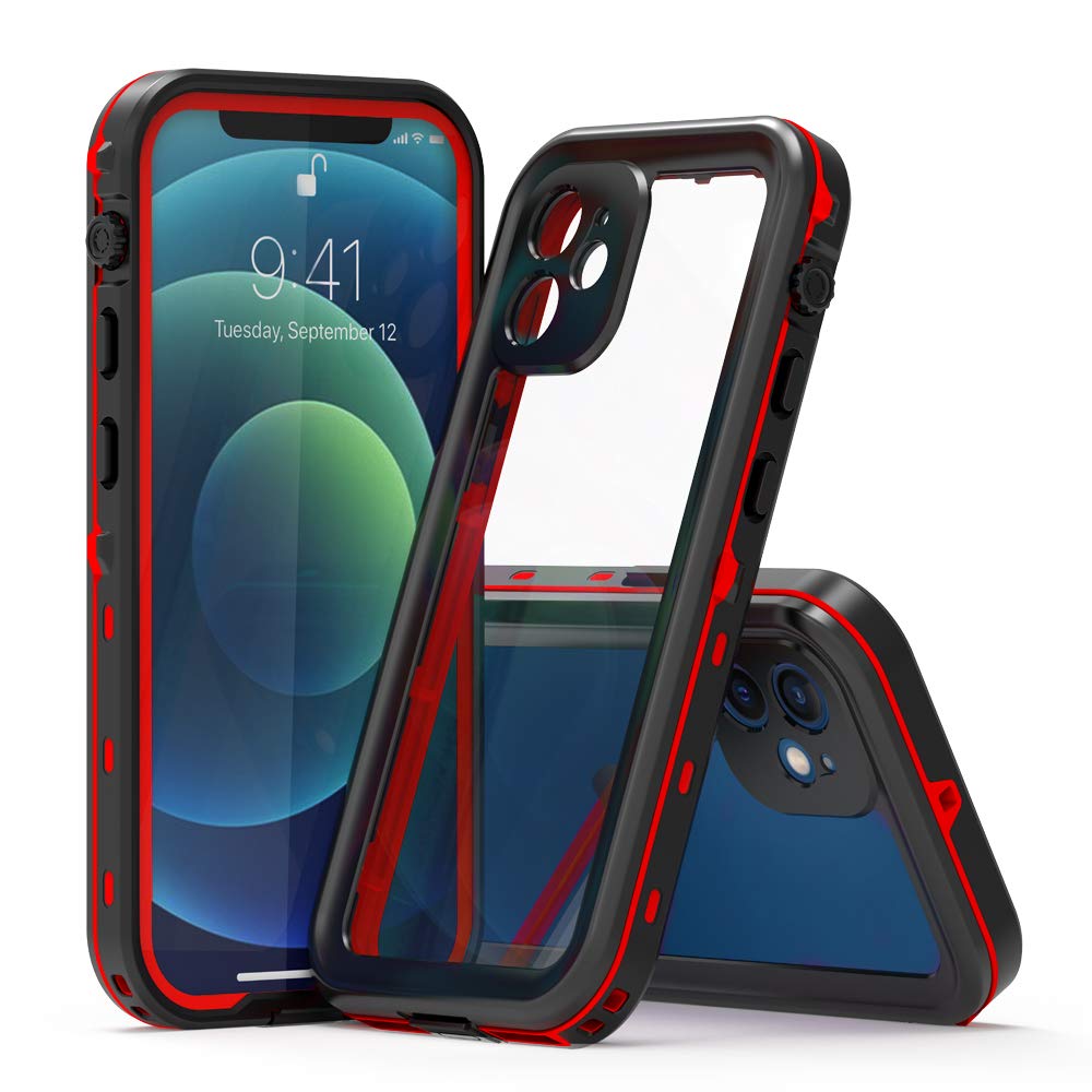 YSW Compatible with iPhone 12 Mini Waterproof Case, Rugged Clear Case Supports IP68 Waterproof Shockproof Dustproof Full Sealed Underwater Protective Cover with Built-in Screen Protector (red)