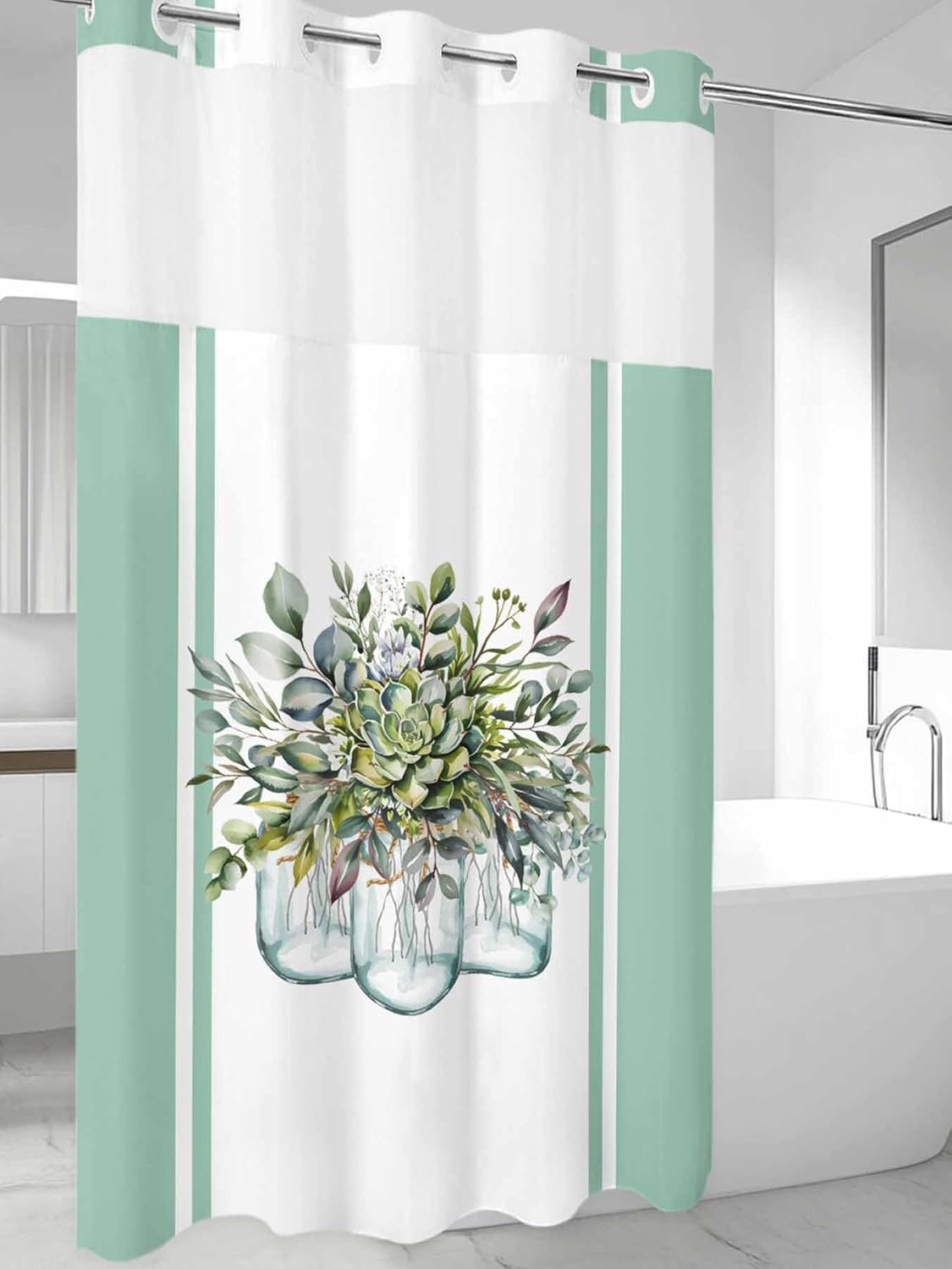 No Hook Shower Curtain and Snap in Liner Set, Sage Green Eucalyptus Leaves Fabric Bathroom Stall Shower Curtains 36x78, See Through Mesh Top Window, Spring Summer Floral Botanical Flowers Hotel Style