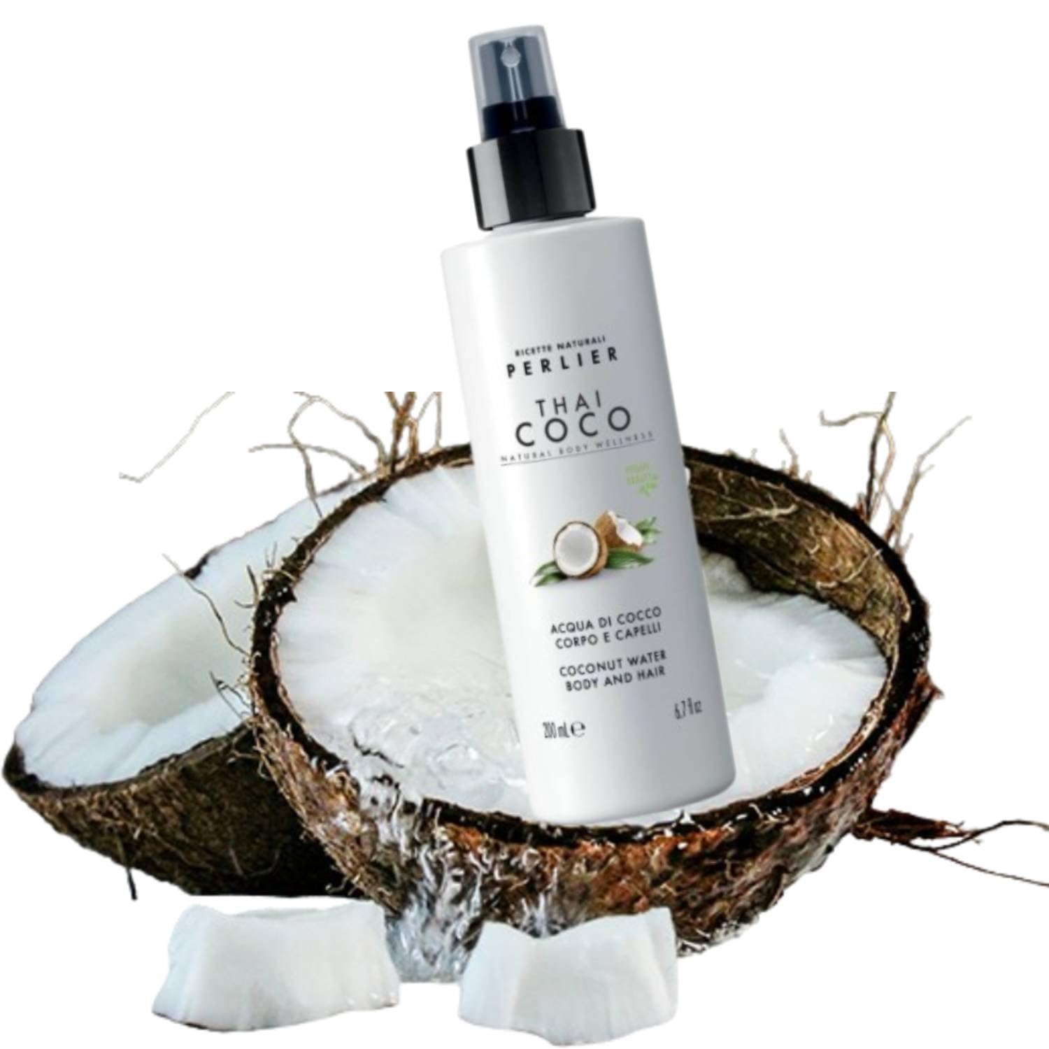 Perlier, Acqua Corpo e Capelli Thai Coco, Idrata e Profuma con la Freschezza dell’Acqua di Cocco, Senza Alcool e Ideale Anche al Sole, un sogno Tropicale per Pelle e Capelli, 200 ml