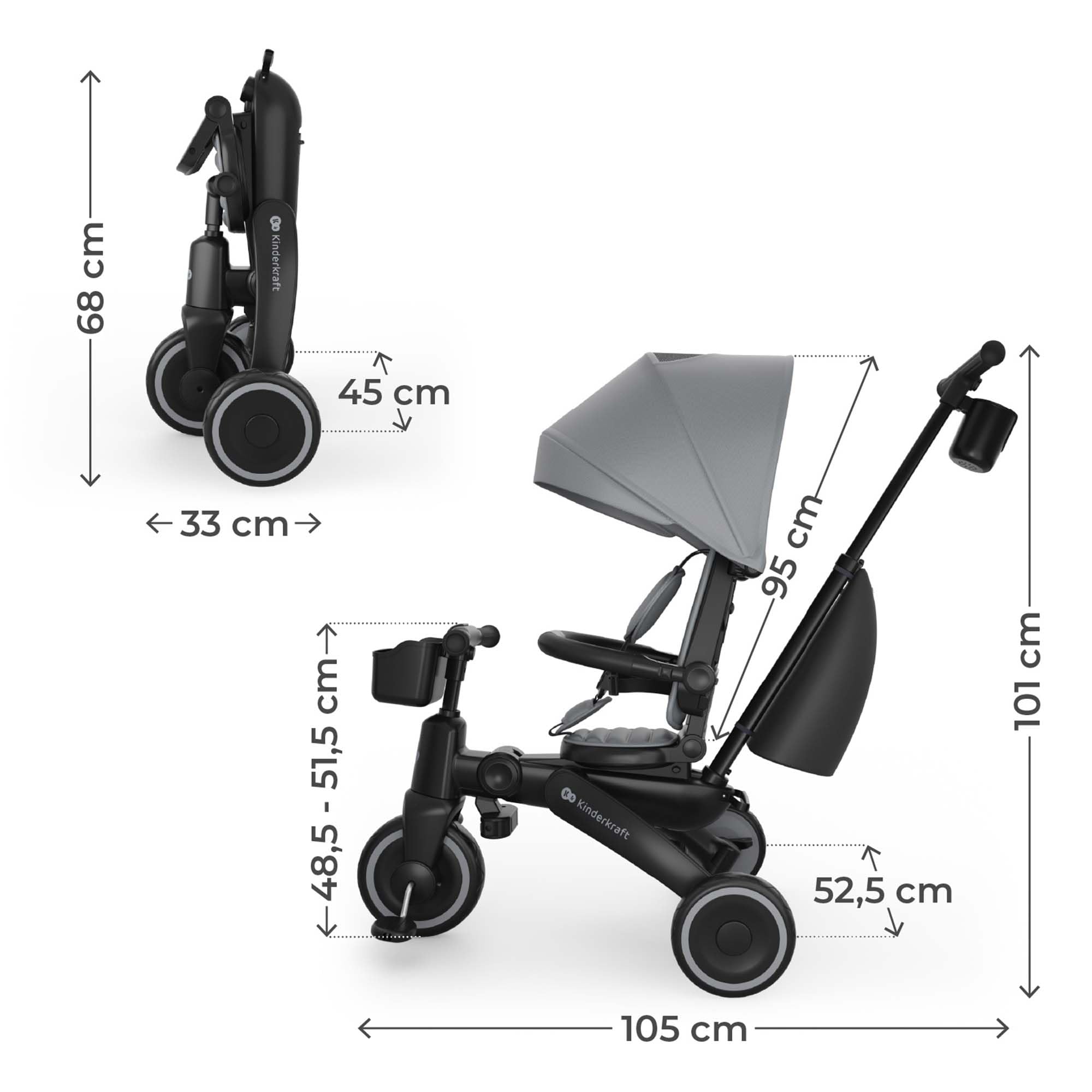 Kinderkraft Jazz 3 Dreirad faltbar ab ca. 9 Monaten bis 25 kg, 360° drehbarer Sitz, Halbliegeposition vorwärts/rückwärts, UPF 50+ Verdeck wasserabweisend, Freilauf & Lenkermodus, Grau