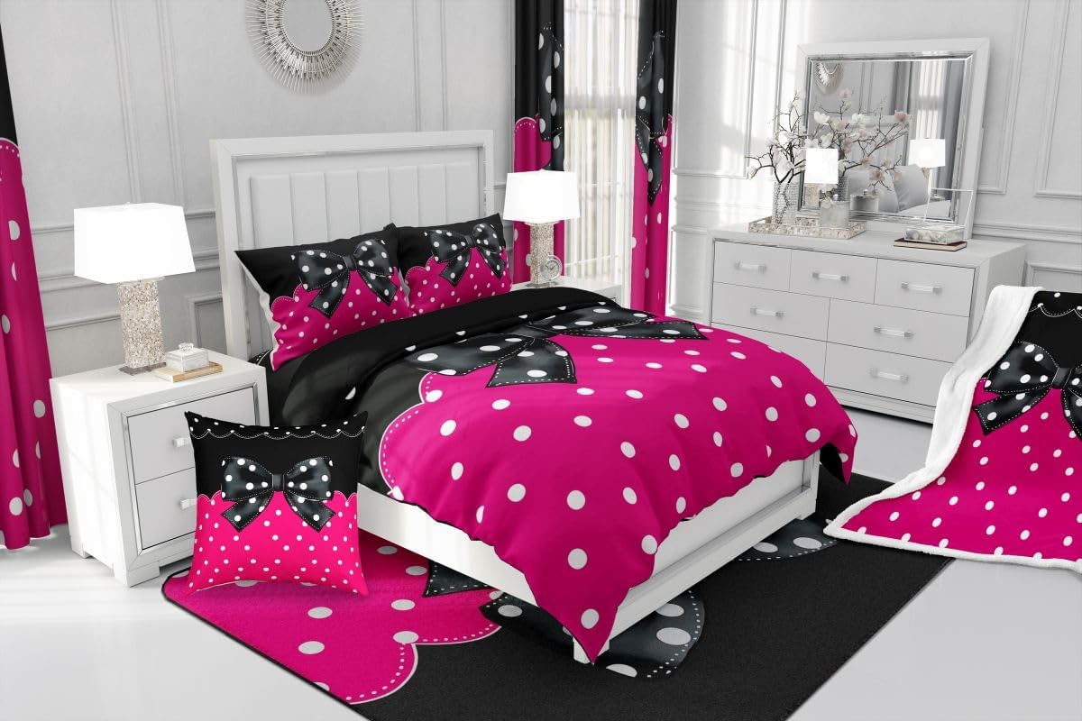 Feelyou Cartoon Bowknot Area Rug 5x7 Polka Dots Living Room Rugs for Kids Boys Girls Bedroom Pink Black Decor Carpet with Non-Slip Backing Kawaii Bowknot Indoor Floor Mat Soft Polyester