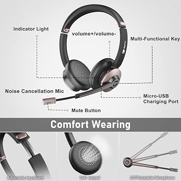 Earbay Wireless Headset, Bluetooth Headsets with Microphone Noise Cancelling, On Ear Headphones with Mic Mute, Handsfree PC Headsets for Zoom/Ms Teams/Skype/Dual Connect/Laptop/iPhone/Tablet