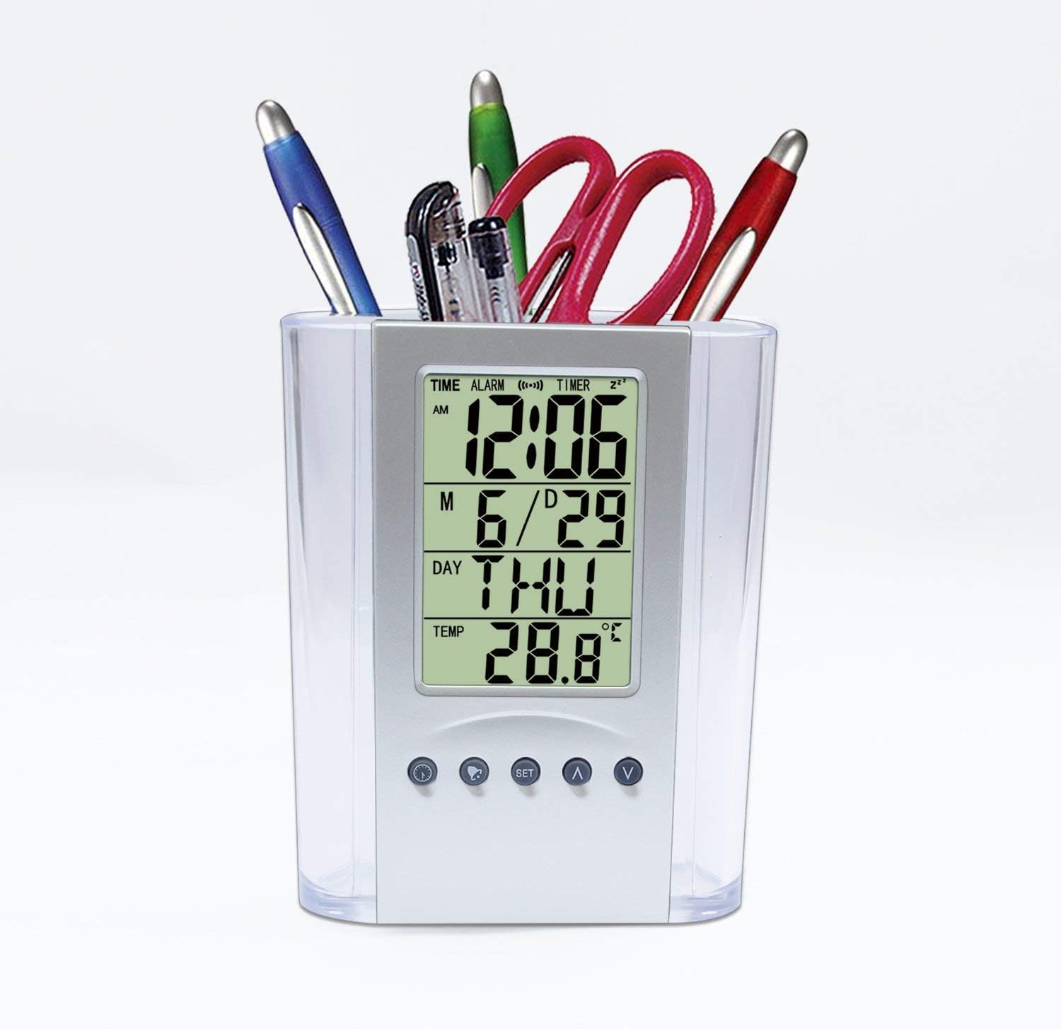 A new type of pen holder with digital clock. Displays the TIME, DATE, TEMPERATURE and DAY OF THE WEEK Conveniently Visible Alarm Clock Pen Holder for Home Office & gift