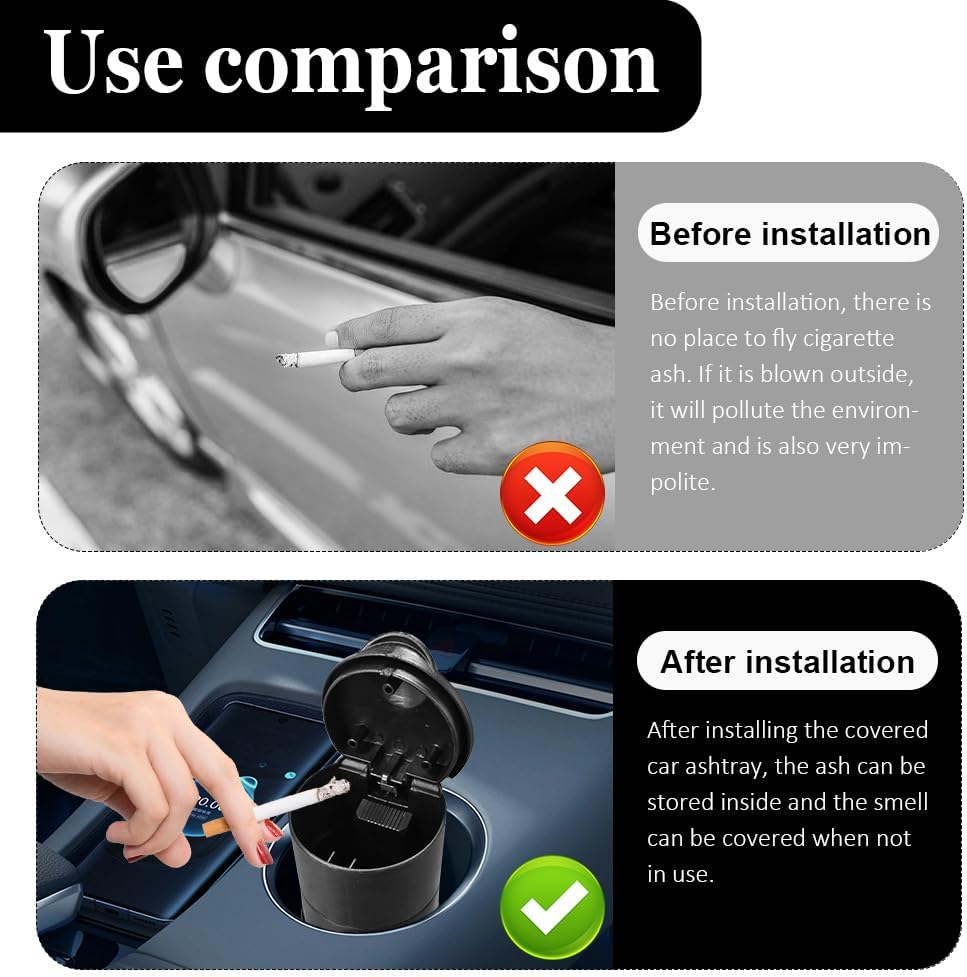 Car Ashtray with Lid, Car Ashtrays for Cup Holder Smell Proof, Smokeless Self-Extinguishing Auto Ash Tray, Portable Vehicle Cigarette Ash Holder Trash Can Universal Fit Truck Auto Home Office