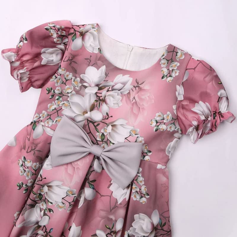 Image of Buy & Try Girl's Satin Floral Printed Frock Short Knee Length Short Sleeve Dora Frocks Dress.