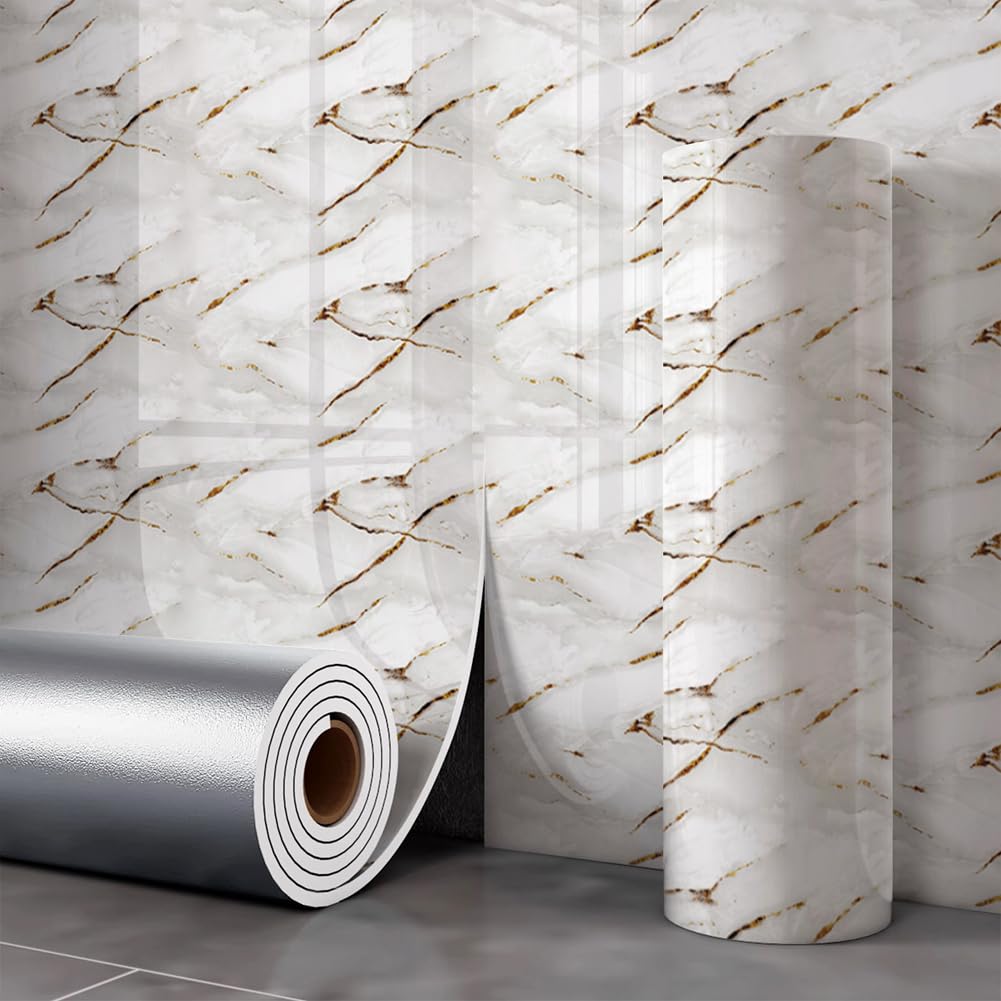 40x300cm Glossy Marble Peel and Stick Wallpaper,Waterproof Wall Sticker Waterproof Self-Adhesive Vinyl Wallpaper for Kitchen Bathroom Worktop (White1)