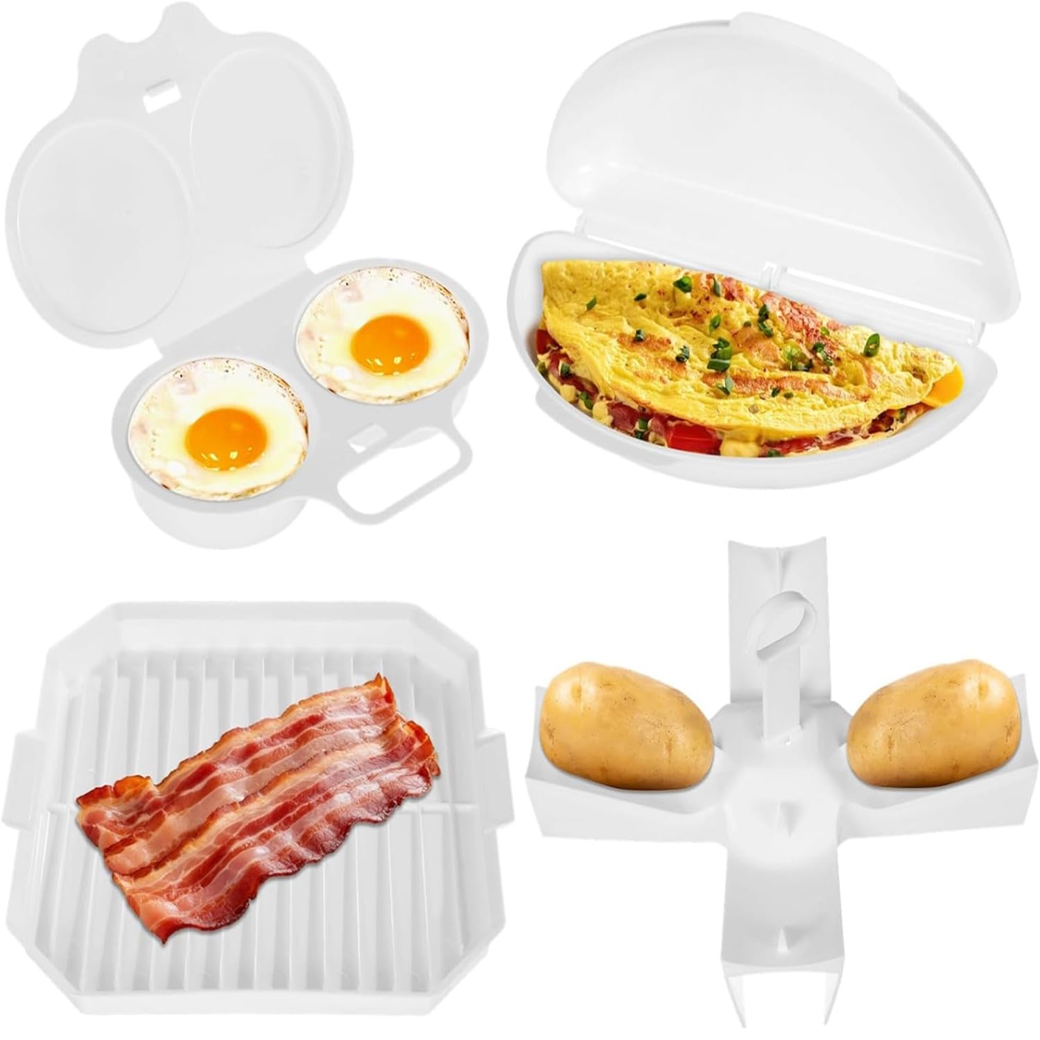 4pcs Easy Breakfast Set, Microwave Egg Cooker/Poacher, Microwave Omelet Maker, Microwavable Bacon Grill/Rack/Cooker Tray/Dish, Baked Potato Cooker, Easy To Use and Non-Stick Egg Cookwarez