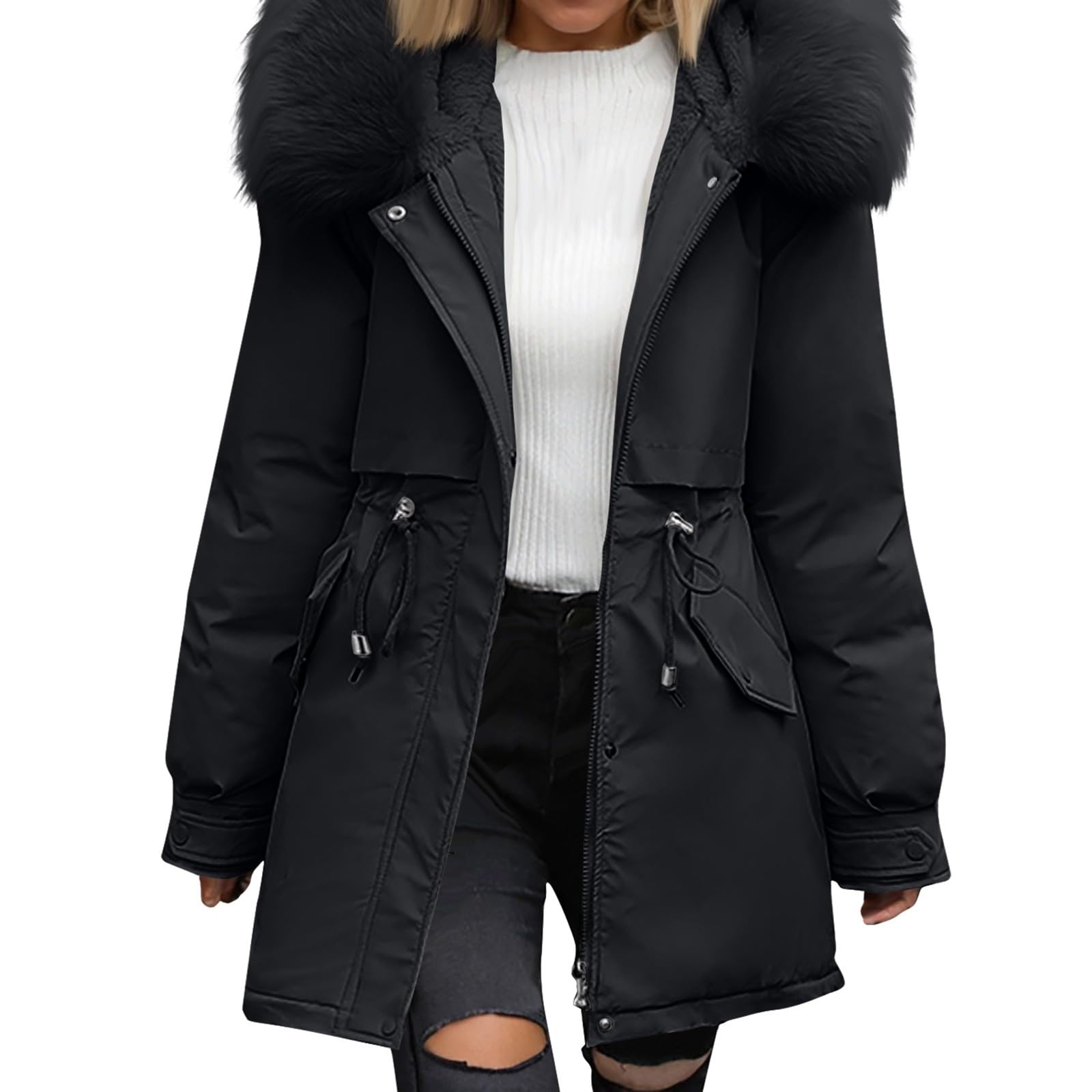 Wintermantel Damen Fellkapuze Mittellang Winterjacke Frauen Warm Gefüttert Winterparka Dicke Mantel Winter Teddyfutter Jacke Elegant Parka Outdoor Winddicht Skijacke Zipper Mit Taschen