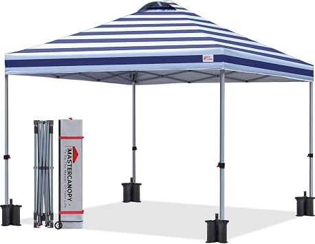 MASTERCANOPY 10x10 Pop Up Canopy Tent with Roller Bag, Navy Blue Stripe | 1-Person Setup, Durable Frame, UPF50+ Water Resistant, 3 Height Adjust, 4 Sandbags, 4 Ropes & 8 Stakes, Beach/Camping/Market