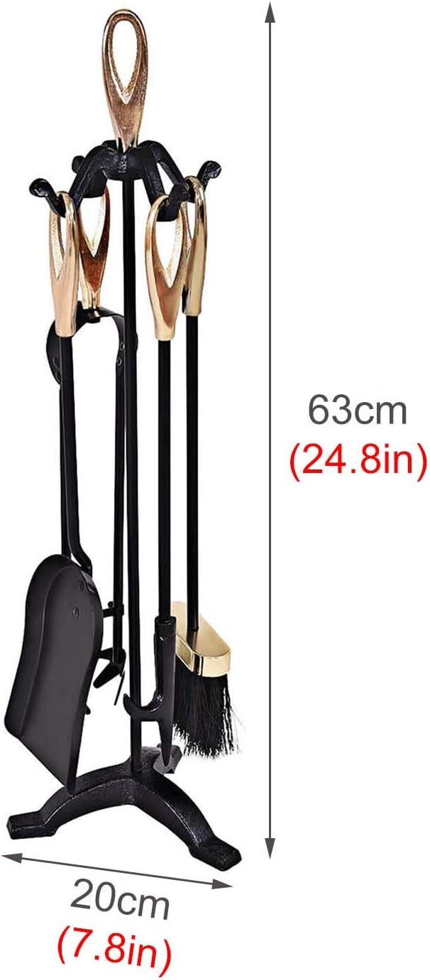 Fireplace Companion Tool Set with Gold Handle, 5 Pcs Black Rustic Wrought Iron Tools Stand with Bellows, for Fireside Fire Pit Accessories