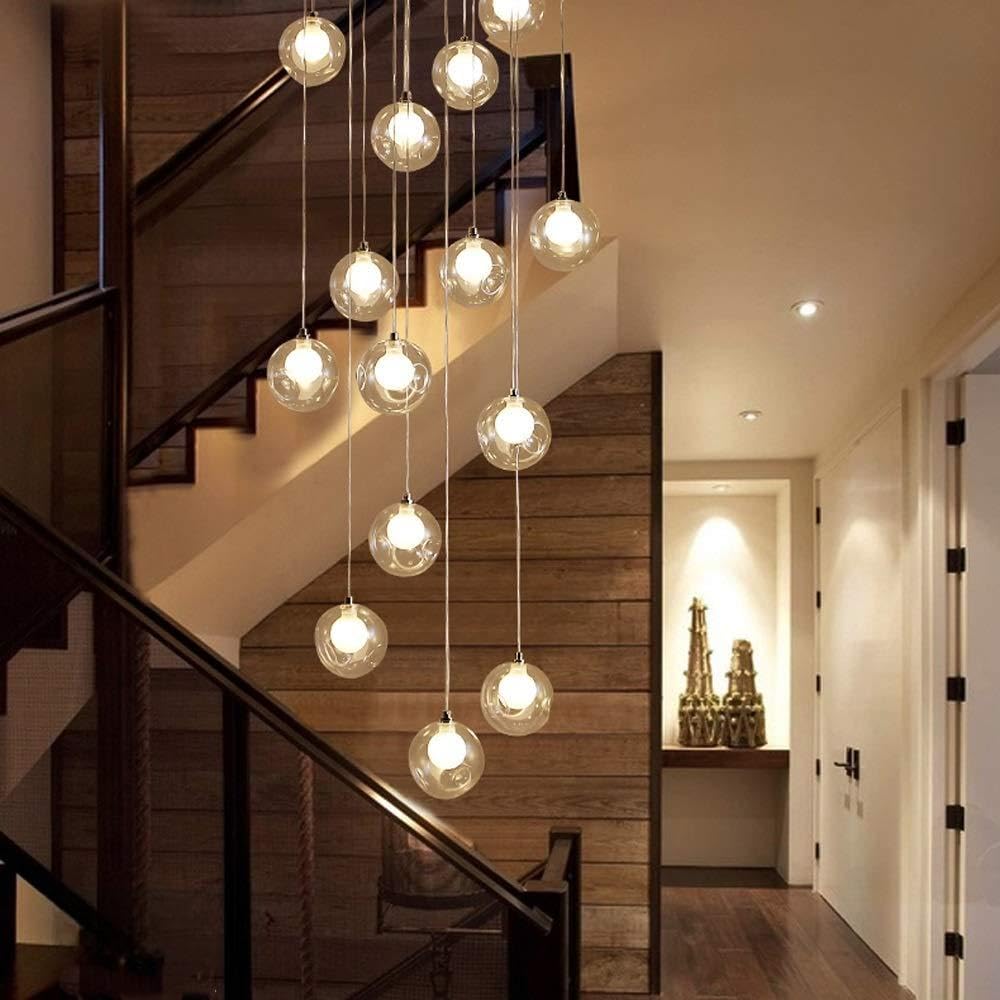 Lustre escalier long moderne à 15 boules de verre transparentes pour salon de villa duplex 50x250cm