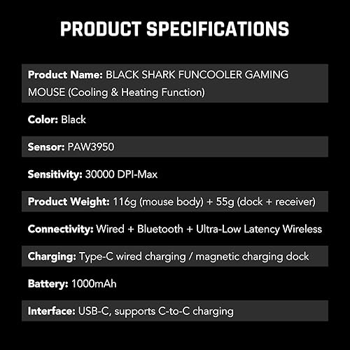 Miniatura 8 de Black Shark Funcooler - Mouse inalámbrico para juegos, refrigeración y calefacción activa, frecuencia de sondeo dual de 8 KHz, sensor óptico de 30 K