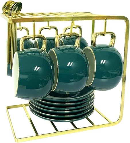 Juego de tazas de café y platillo de cerámica con incrustaciones doradas resistentes al calor, color verde y verde, exquisita taza de té con leche