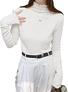 [MzcoYmm] 春ニット 長袖 レディース カットソー ハイネック トップス インナー ニット t シャツ 高い伸縮性 フリル プルオーバー 薄手 長袖tシャツ 柔らかい 防寒 セーター 無地 通勤 春 秋 冬