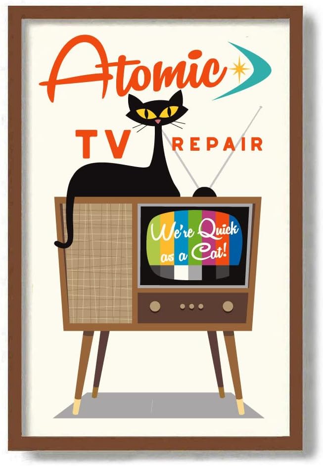 Generic USA Poster Mid Century Modern Black Cat Art Print, Atomic Cat, Print, MCM Decor, Living Room Wall Art, Cat Lover, Retro TV, Old Television Unframed #530 16x24 Inches, white