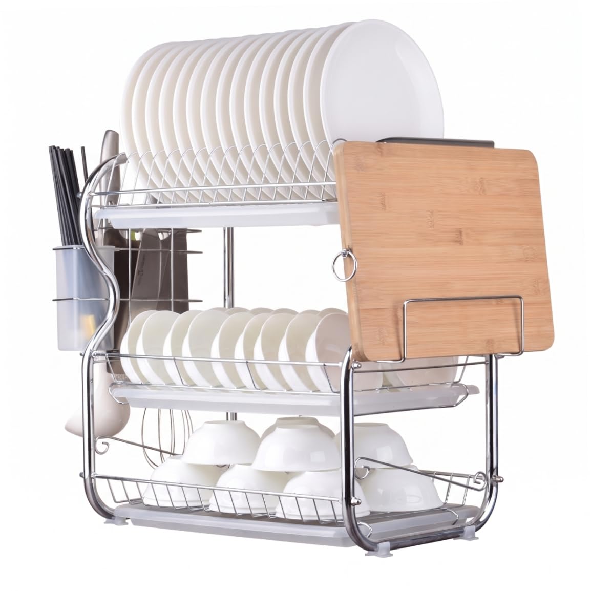 Rejilla para secar Platos, Fregadero de Cocina de 3 Niveles, Rejilla para secar Platos con Cuchillo, Tabla de Cortar y Soporte para Utensilios para encimera de Cocina, Color Blanco