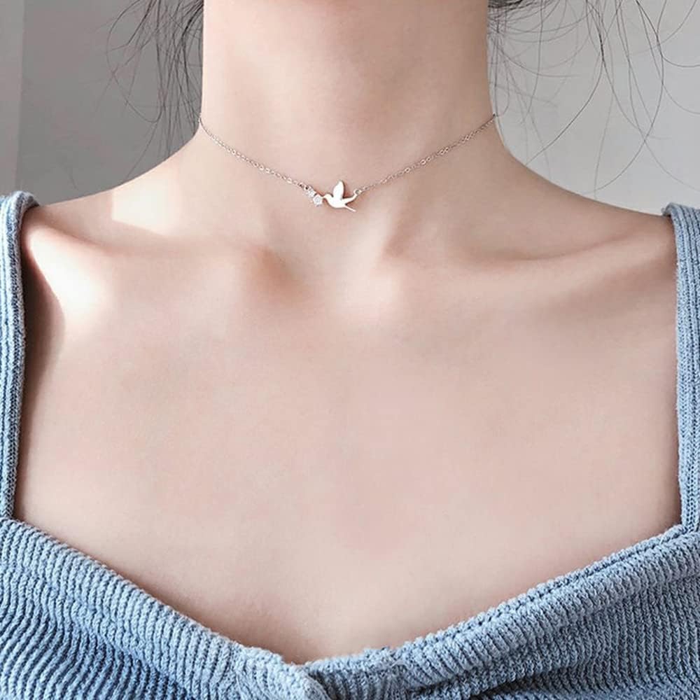 Dtja Cute Dove Bird Crystal Pendant Necklace Sterling Silver for Women Small Hammingbird Swallow Charm Chain Choker Necklaces Adjustable Hypoallergenic Delicate Jewelry Gift for Mom Daughter Friend - Image 3
