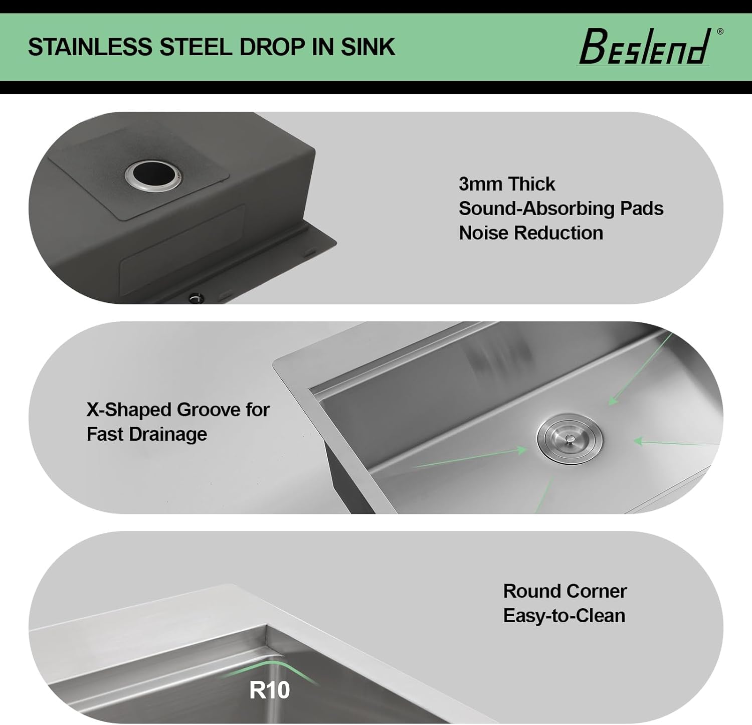 33 Inch Drop In Kitchen Sink Workstation - Beslend 16 Gauge T304 stainless Steel Drop In Sink 33x22 Single Bowl Top Mount Over Counter Handmade Kitchen Basin 33x22x10 Inch