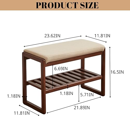 Miniatura 3 de Banco de zapatos de madera, banco de almacenamiento de 2 niveles con asiento acolchado acolchado, banco de entrada con almacenamiento de zapatos,