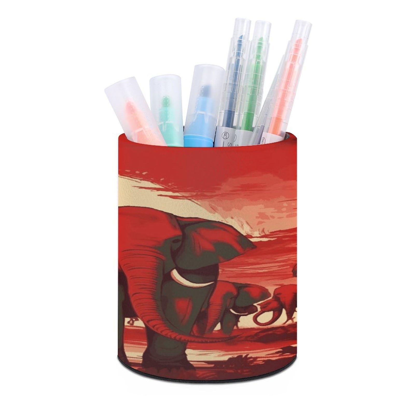 MUSM Elephants Red Pen Holder Large Capacity Pen Holder Modern PU Pencil Holders Durable Waterproof Pens Cup for Home Office Desktop Organizer