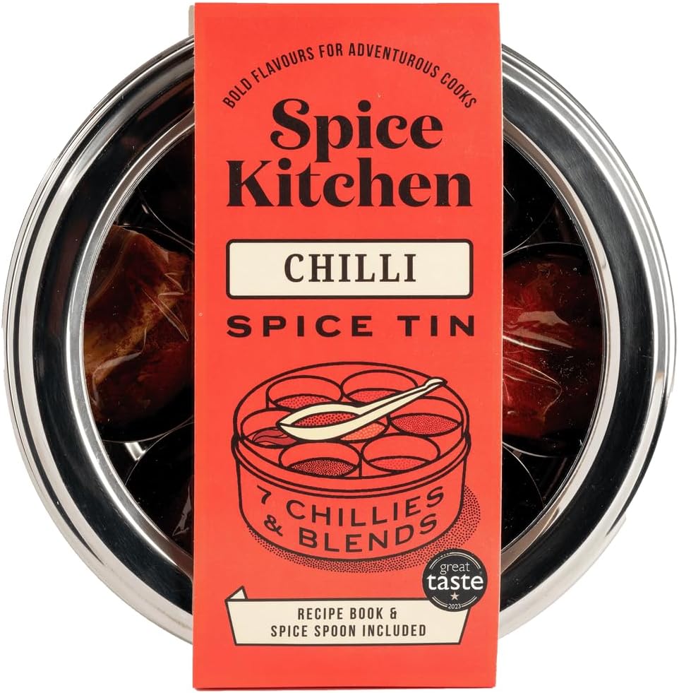 Chilli Collection Spice Tin, 7 Chilli Spices & Blends Including Harissa, Smoky Chipotle BBQ, Piri Piri, Urfa Biber & Aleppo Pepper, Stainless Steel Spice Tin