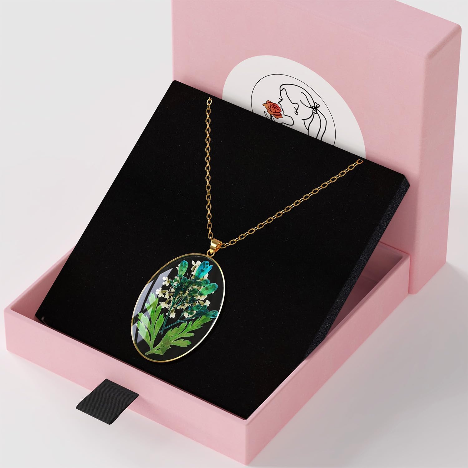 Baby's Breath and Queen Anne's Lace Pressed Flower Necklace, Handmade Real Wildflower Necklace, Handmade Gold Pressed Flower, Personalized Jewelry with Real Flowers for Women - Image 3