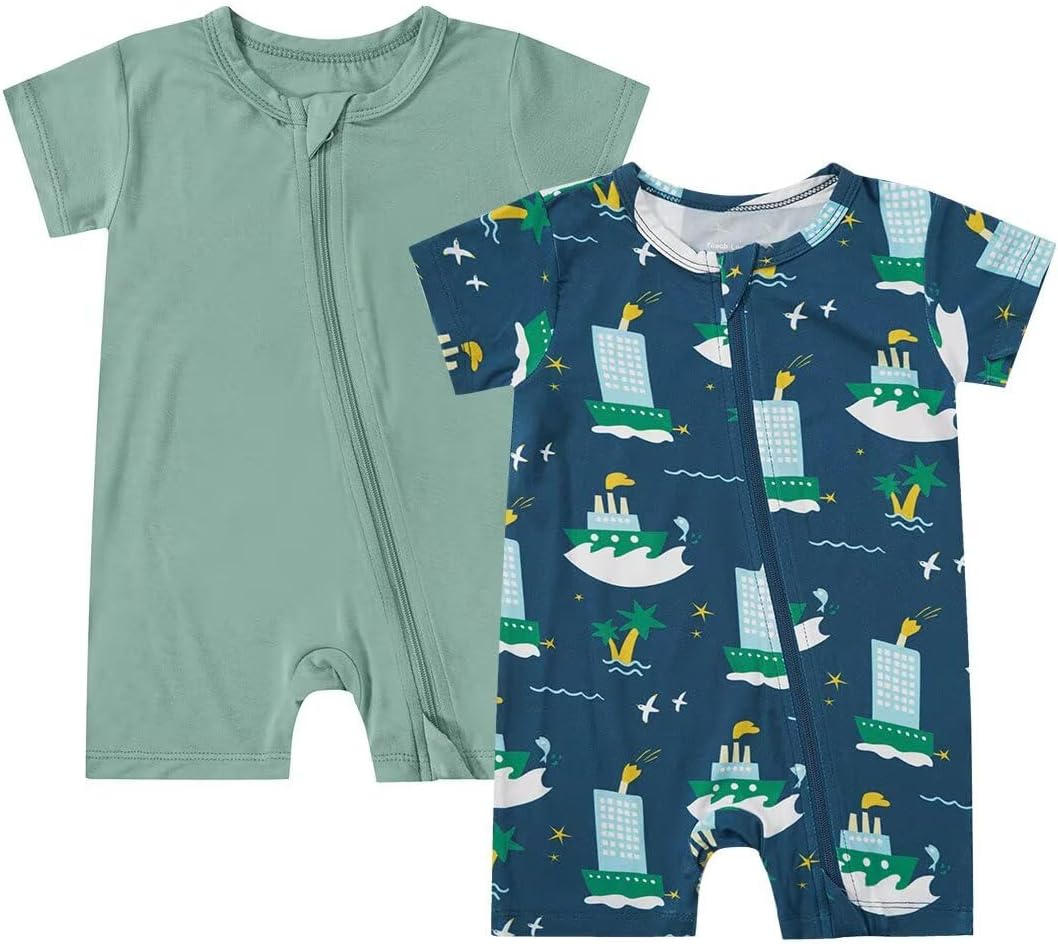Teach Leanbh Unisex 2 Pack Bamboo Viscose Pajamas 2 Way Zipper Short Sleeve Printed Romper Jumpsuit Sleep and Play