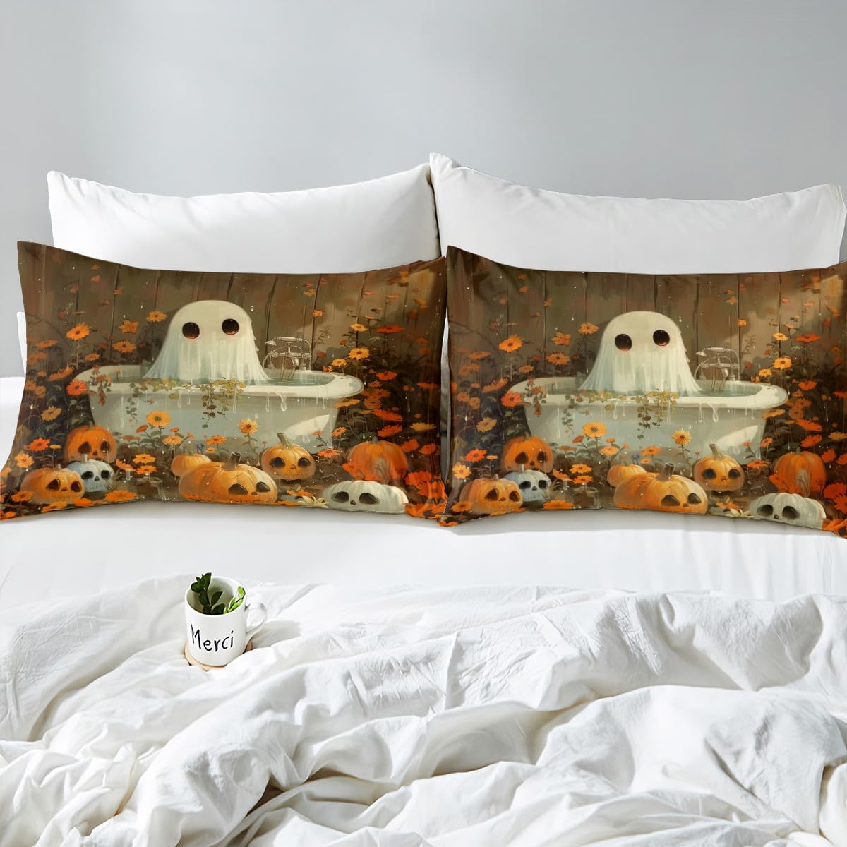 jejeloiu Halloween 4 Pieces Sheet with 16 Inch Deep Pockets for Girls Boys Kids Full Size Fall Pumpkin Bedding Room Decor Ghost Bathtub Bed Sheets Set Brown Bed Cover