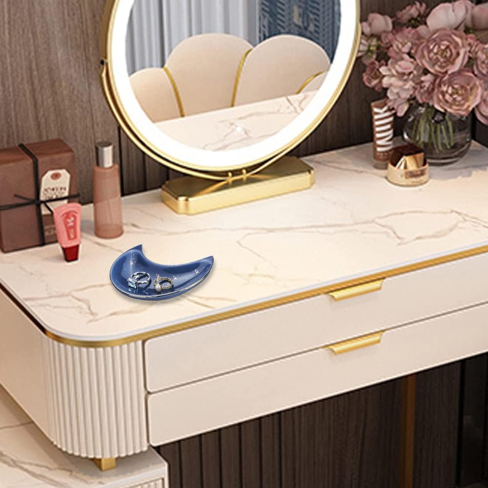 JAMEND CLXP Moon Shape Jewelry Tray, Engagement Ring Tray, Blue Ring Dish for Women in Vanity Bathroom. Decorative Trinket Tray for Organizing Necklace Earrings, Ceramic.