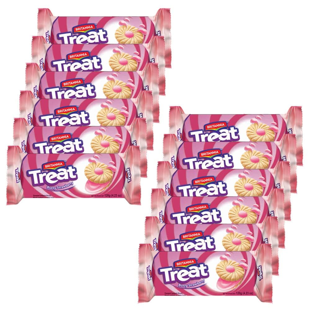Britannia Treat Buzzy Strawberry Sandwich Biscuits 4.23oz (120g) - Breakfast & Tea Time Snacks - Delicious Grocery Cookies (Pack of 12)