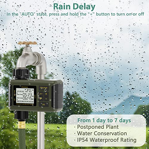 Water Sprinkler Timer Programmable Irrigation Hose Timer with 3 Individual Watering Programs and Rain Delay for Garden Lawn Pool Filling, Green