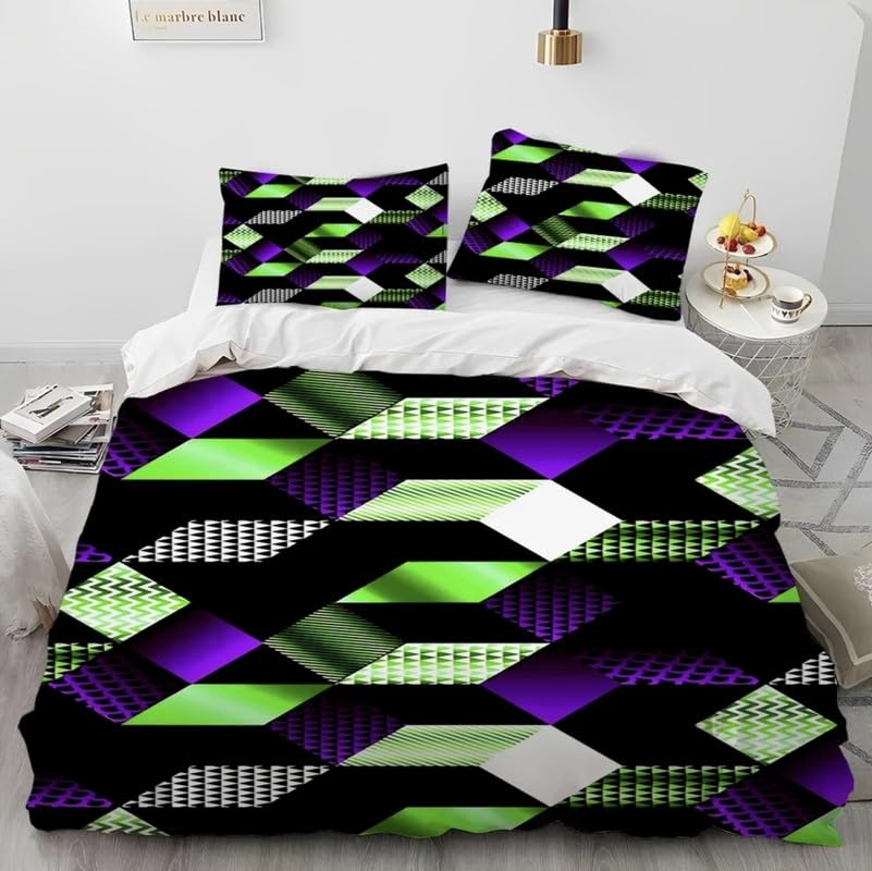 Housse de couette 140x200 microfibre verte à motif géométrique 3D avec 2 taies