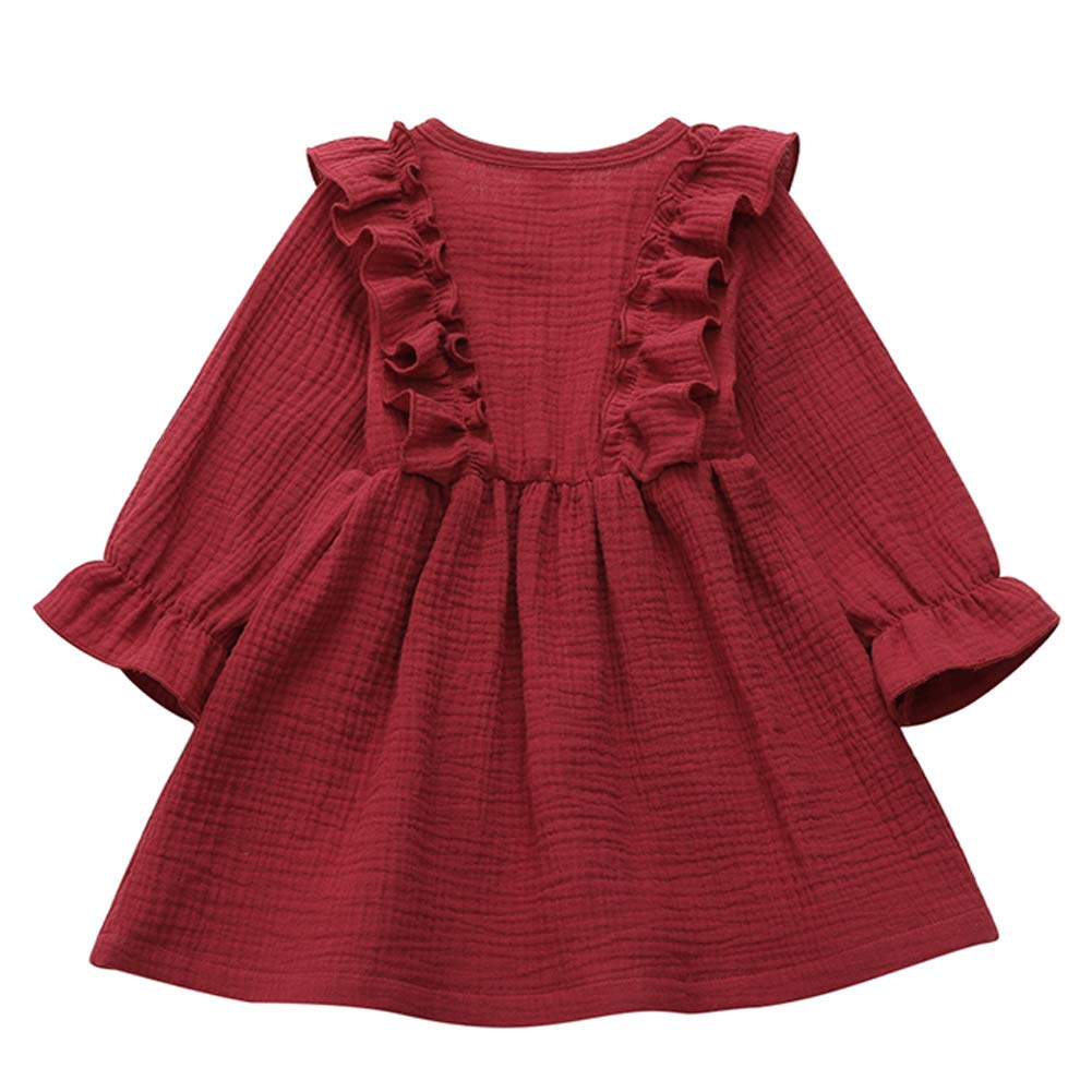 Baby Girls Long Sleeve Cotton Linen Ruffle Dress Solid Color Buttons Princess Dress (Wine Red, 3-4T)