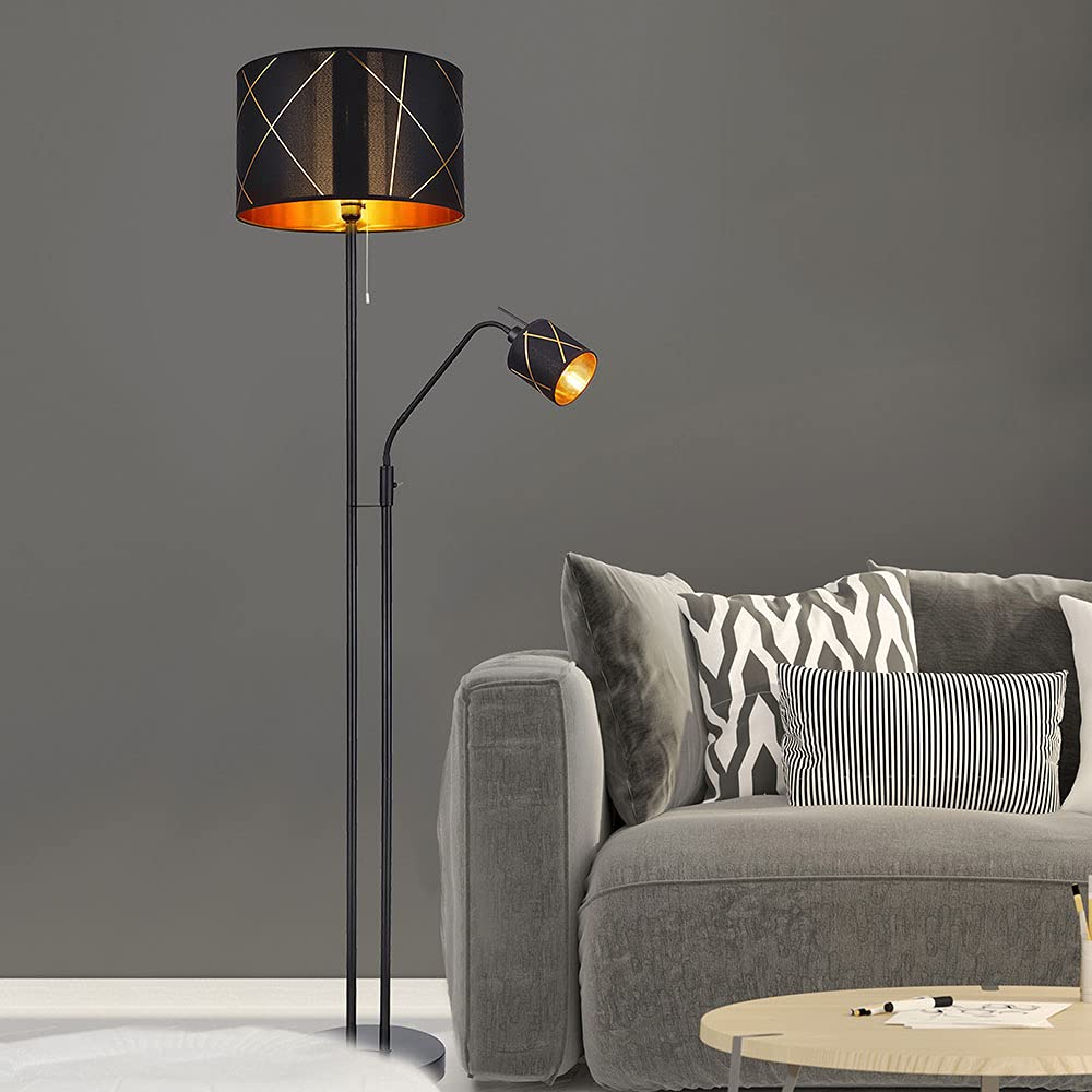 LED Stehleuchte mit Leselampe Deckenfluter dimmbar mit Fernbedienung, RGB Farbwechsel, Metall Textil schwarz gold, Leseleuchte flexibel, 1x 8,5W 806lm 1x 4,8W 470lm warmweiß, DxH 40x175 cm